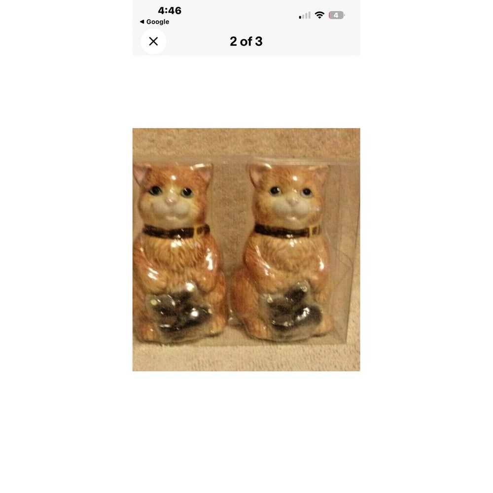 Porcelain Ginger Tabby Cat with Fish Salt and Pepper Shaker ‎ NIB Orange Feline